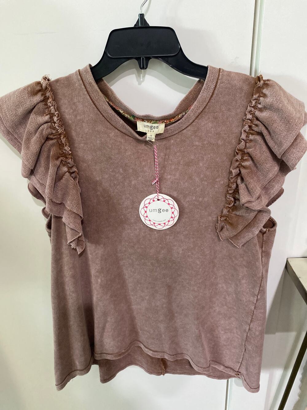 Umgee Ruffle Sleeve Top - Acid Washed Mauve - Size Small